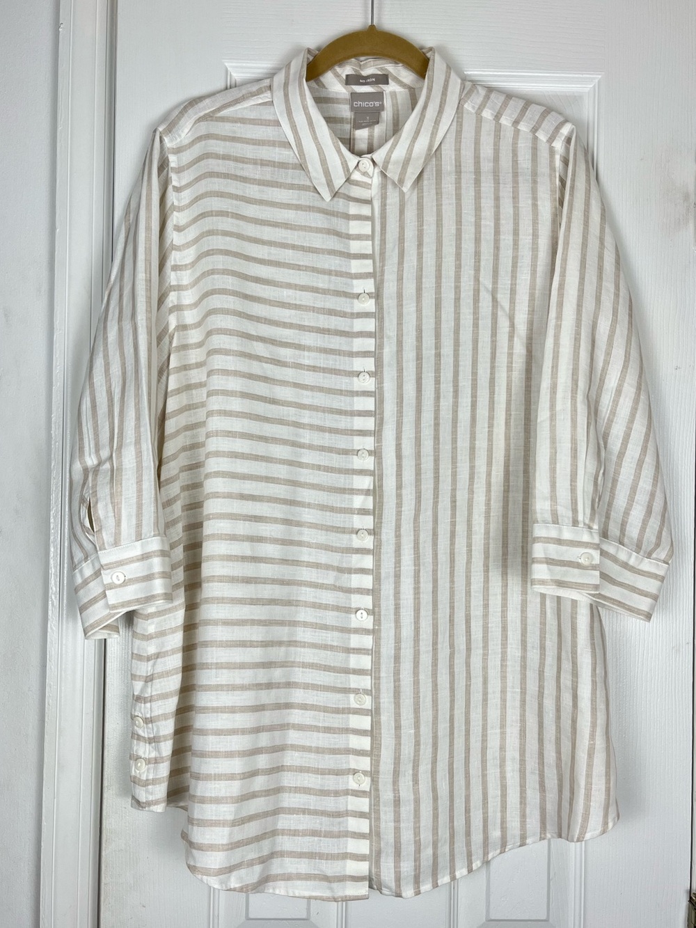 Chico’s No Iron 100% Linen Vertical Horizontal Stripe Button Down Shirt Coastal